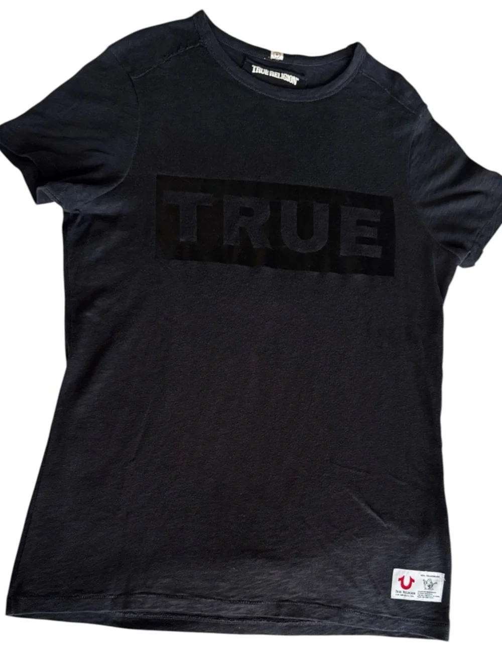 TRUE RELIGION Black Short Sleeve Crewneck Tee w Tonal 'TRUE' Logo Cotton T-shirt